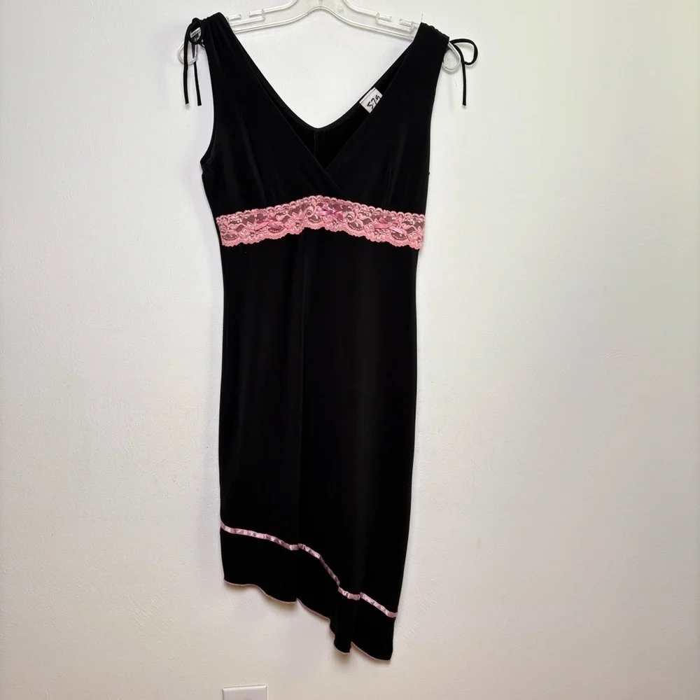 Vintage 90s Y2K Coquette Asymmetrical Babydoll Stretchy  Midi Dress Lace Bow S/M